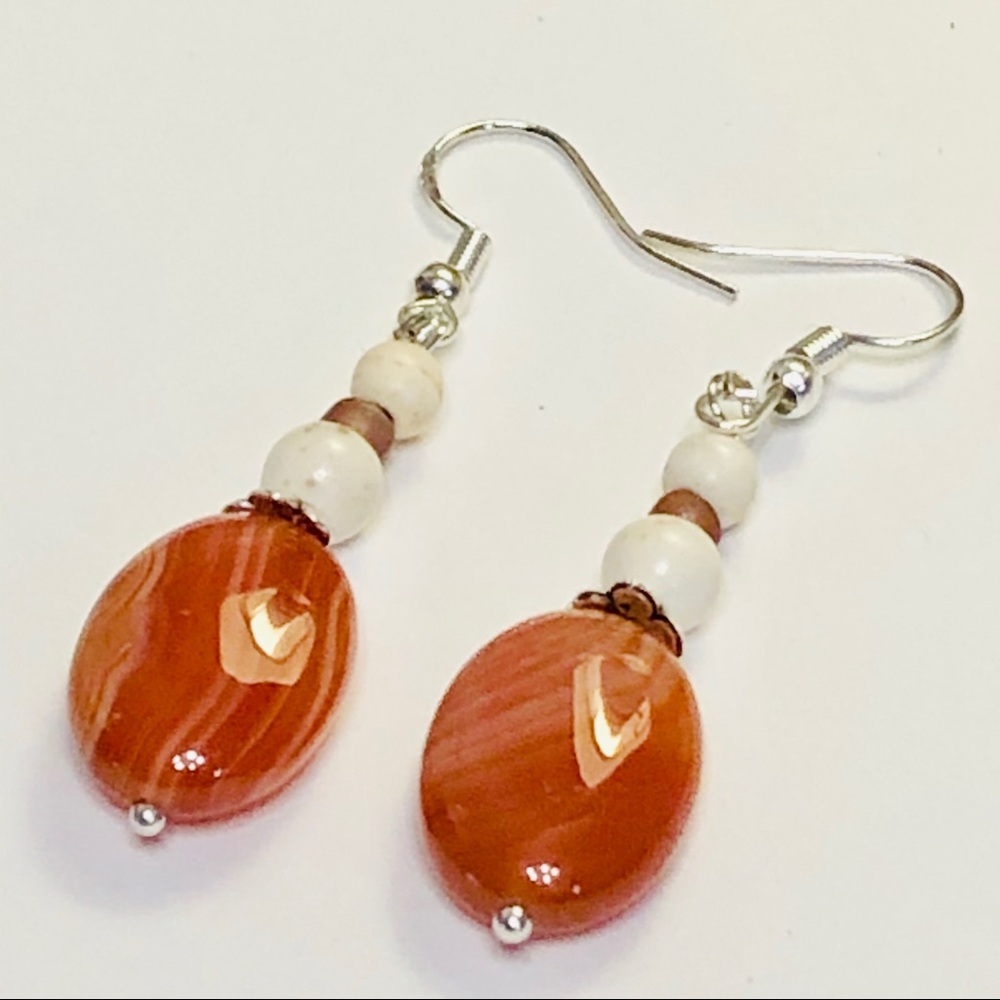 JK Designs Orange Brown Sardonyx & Howlite Earrings - Picture 2 of 5